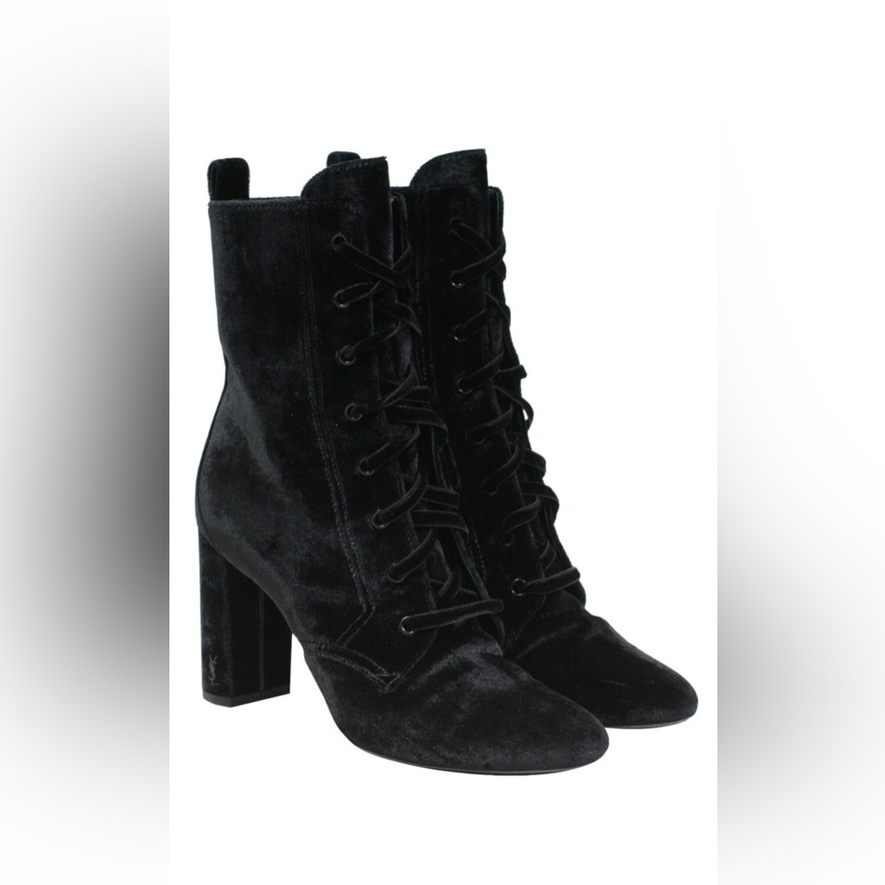 Saint Laurent Black Crushed Velvet Loulou Lace Up Booties - YSL